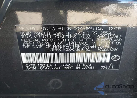 2010 Lexus Es 350 from USA, damaged, VIN JTHBK1EG8A2369160